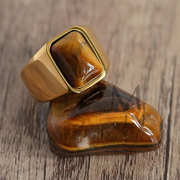 Mens Gold Tigers Eye Signet Ring, Gold Signet Ring for Men, Stainless Steel Ring, Tiger Eye Stone Ring, Pinky Ring Man, Gift for Him