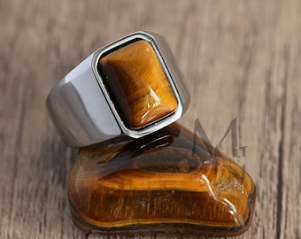 Anillo de sello de ojo de tigre de plata para hombre, anillo de sello de plata para hombre, anillo de acero inoxidable, anillo de piedra de ojo de tigre, anillo para el meñique para hombre, regalo para él