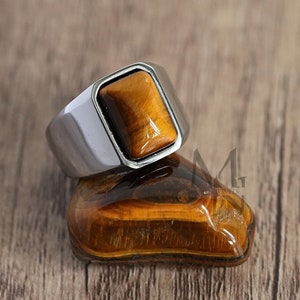 Mens Silver Tigers Eye Signet Ring, Silver Signet Ring for Men, Stainless Steel Ring, Tiger Eye Stone Ring, Pinky Ring Man, Gift for Him