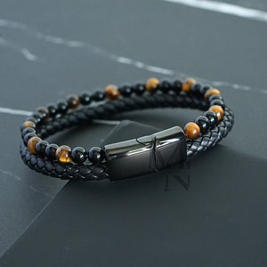 Tijgeroog en leren armband, tijgeroog kralenarmband, gepersonaliseerde armband, zwart leer en kralenarmband, aangepaste herenarmband