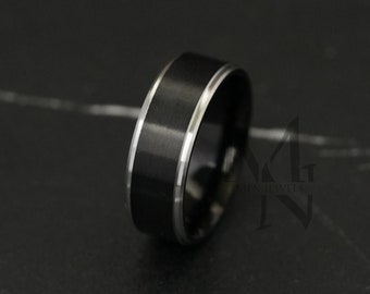 Silver and Black Tungsten Band, Tungsten Carbide Ring, Personalised Ring Engraving, 8mm Anniversary and Wedding, Men&#39;s Simple, Gift for Him