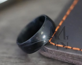 Black Damascus Steel Ring, 8mm Black Band, Genuine Damascus Steel, Unique Handmade Ring, Engagement and Anniversary Gift for Him