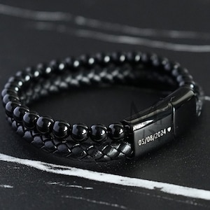 Custom Mens Black Onyx Bead and Black Leather Bracelet, Personalised Laser Engraved Magnetic Clasp, Gift for Him Dad Boyfriend