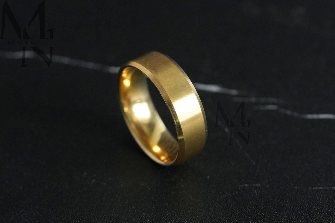 Mens Simple Gold Ring, Personalised Engraved 18K Plated Ring 8mm Band ...