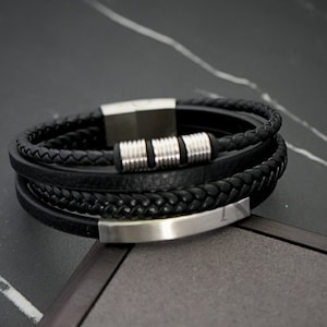 Zwart leer en zilveren roestvrijstalen armband met magnetische schuifsluiting, leren herensieraden, cadeau voor hem, vriend, zoon