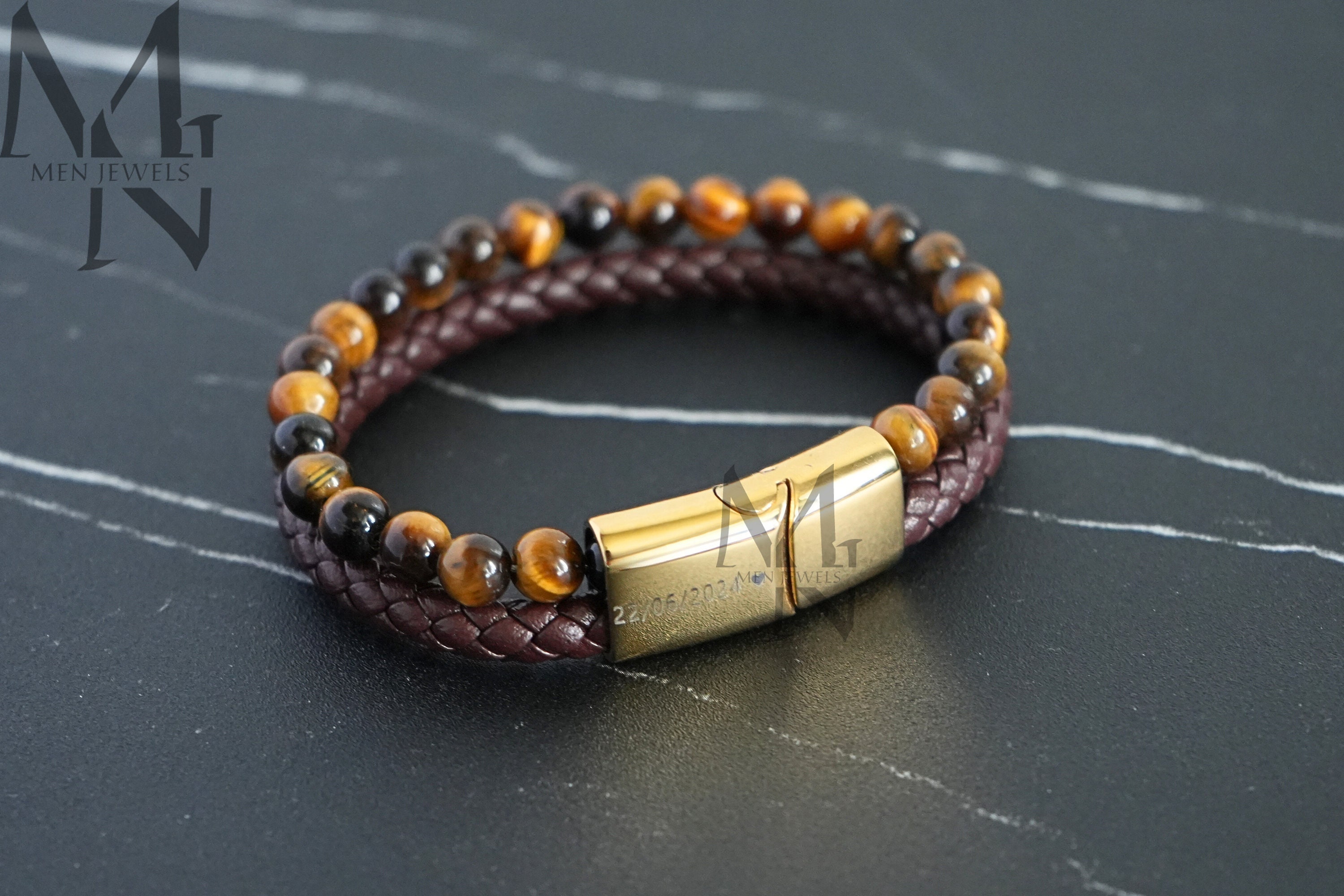 Braccialetti Uomo In Pelle Con Occhio Di Tigre - Set 2 Pezzi Personalizzabili, Regalo Perfetto