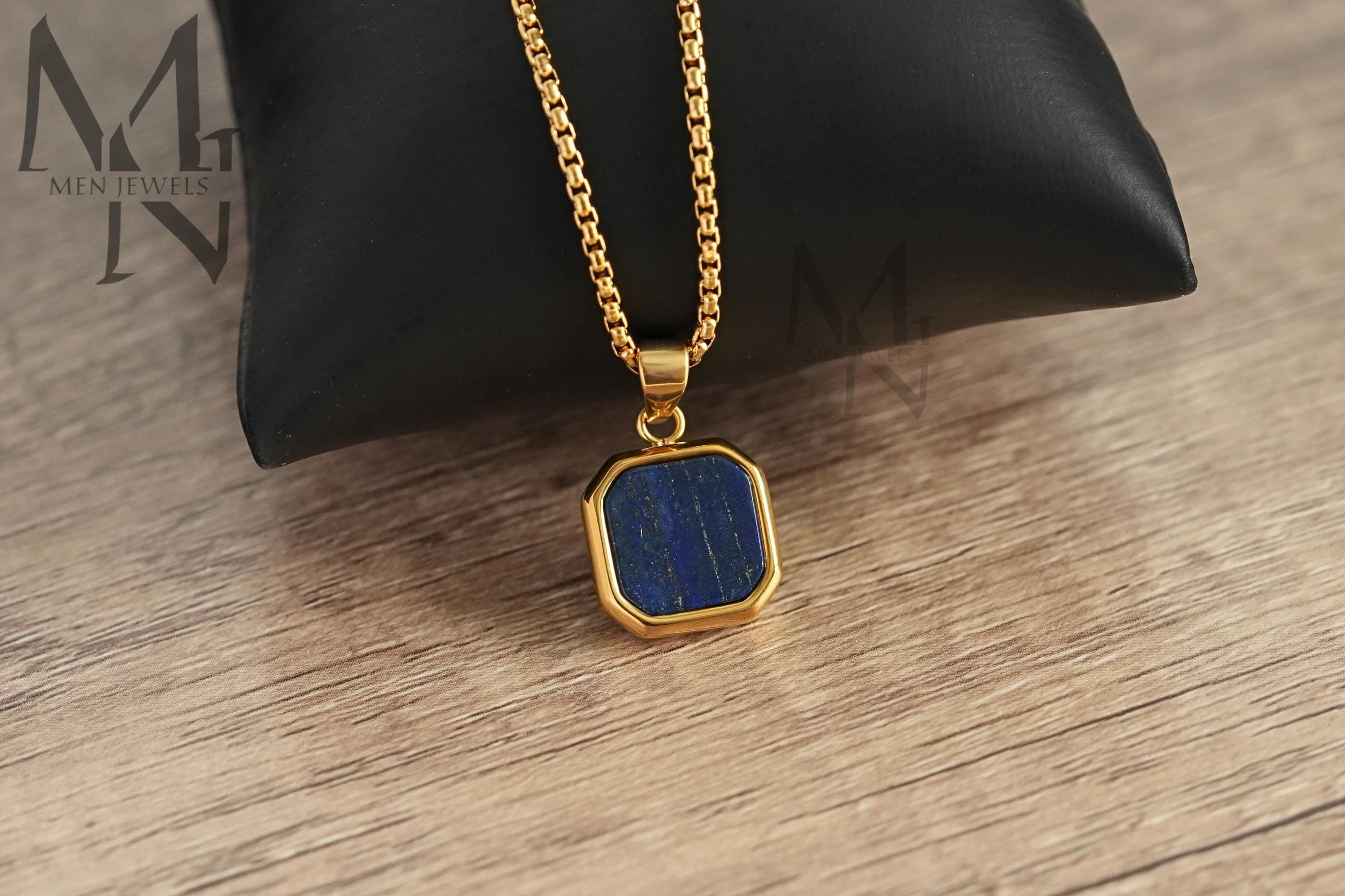 Gouden lapis-ketting kettinghangers, 18K vergulde herenketting hanger, lapissteen sieraden, gepersonaliseerde sieraden, vierkante blauwe ketting