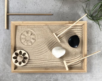 Zen Garden Set. Creative relaxation at home. Stamping and raking in the sand. Decoration in Japandi style. Also as a wedding gift.