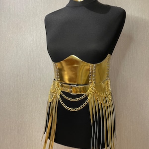 Festivaloutfit, cosplaykleding, gouden riem met kettingen, kostuum voor show, dansset, rave-outfit, rok met gouden franje, Burning man