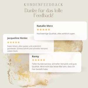 Puede incluir: Gr&aacute;fico con comentarios de clientes en alem&aacute;n. El texto dice "Kundenfeedback Danke f&uuml;r das tolle Feedback!" con rese&ntilde;as de Natalie Merz, Jacqueline Henke y Romy, cada una con una calificaci&oacute;n de 5 estrellas.
