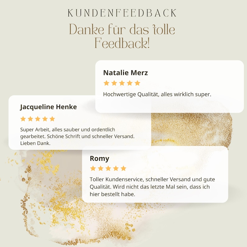 Puede incluir: Gr&aacute;fico con comentarios de clientes en alem&aacute;n. El texto dice "Kundenfeedback Danke f&uuml;r das tolle Feedback!" con rese&ntilde;as de Natalie Merz, Jacqueline Henke y Romy, cada una con una calificaci&oacute;n de 5 estrellas.
