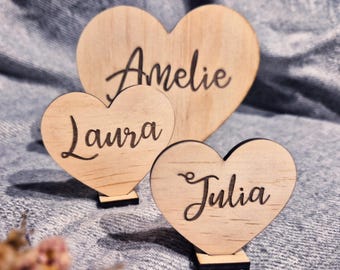 Tarjeta de lugar de boda personalizada con corazón y nombre, etiqueta de nombre de madera, tarjetas de lugar, decoración de boda, tarjeta de nombre de mesa