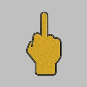 Könnte beinhalten: Eine gestickte Mittelfinger-Handgeste in Gelb.