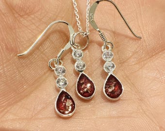 CZ 925 Silver Tear Drop Pendant & Earrings - Pet Cremation Ash Memorial Jewelry
