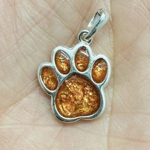 Peut inclure: Un pendentif en argent en forme de patte de chien avec un incrustation de résine pailletée dorée.