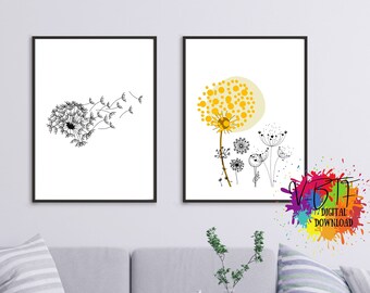PRINTABLE Wall Art, DIGITAL DOWNLOAD wall art, 16 wall art printables, Wall Flower Boho Decor, Boho Wall Art, Dandelion Flower Digital Print