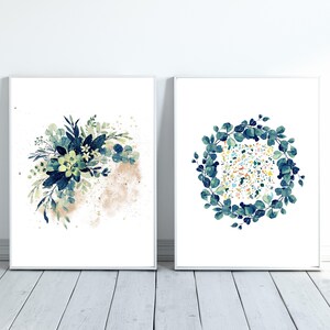 Flores azules, arte de pared imprimible, hojas verdes acuarela impresión botánica, conjunto de 2 impresiones de arte arte en blanco y negro decoración del hogar decoración del hogar