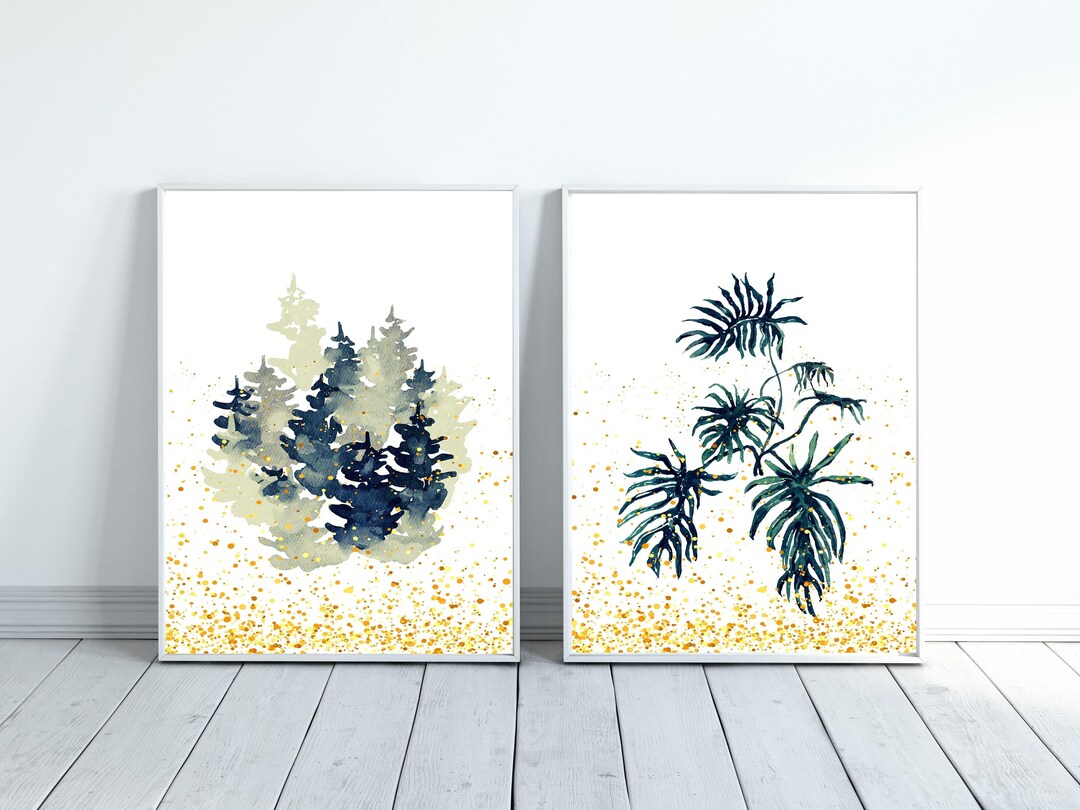 Set of 2 Art Prints Blue Green Leaves Watercolor Botanical Print ...
