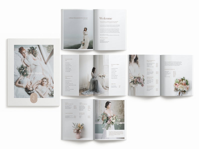 May include: A brochure for a floral studio, featuring images of brides and bouquets. The brochure includes a welcome message, pricing information, and a variety of floral arrangements.