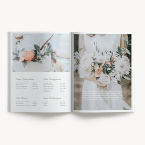 May include: A wedding floral arrangement price list with a photo of a white wedding cake with peach and white flowers and a bouquet of white and peach flowers with greenery.