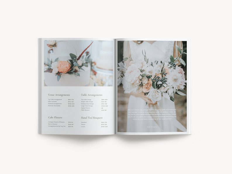 May include: A wedding floral arrangement price list with a photo of a white wedding cake with peach and white flowers and a bouquet of white and peach flowers with greenery.
