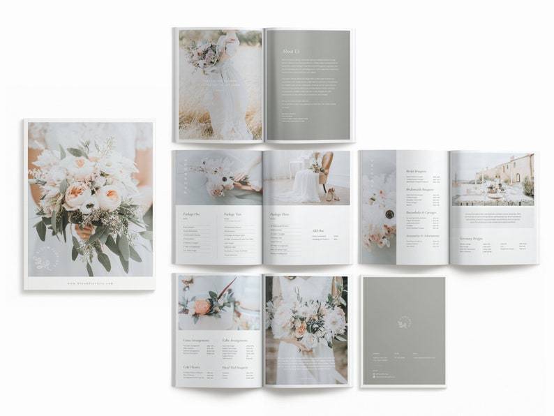 May include: A wedding brochure with a floral design on the cover. The brochure includes information about wedding packages, bridal bouquets, and ceremony arrangements. The brochure also includes a website address: www.divinedetails.com.
