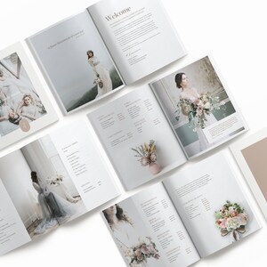 May include: A wedding photography brochure with a white background and a minimalist design. The brochure features images of brides in white dresses and floral arrangements. The text on the brochure includes the title "Poetry Studio" and the phrase "A timeless document for a once in a lifetime story."