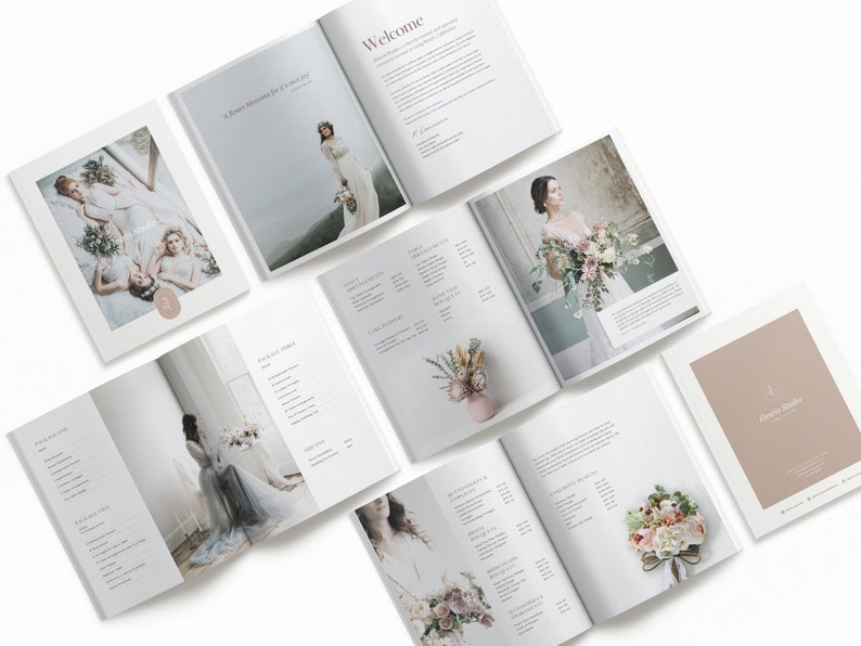 May include: A wedding photography brochure with a white background and a minimalist design. The brochure features images of brides in white dresses and floral arrangements. The text on the brochure includes the title "Poetry Studio" and the phrase "A timeless document for a once in a lifetime story."