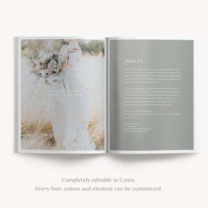 May include: A wedding magazine spread with a photo of a bride in a field holding a bouquet of flowers. The text "Love is the flower you've got to let grow" is on the page. The opposite page has the text "About Us" and a description of the company.