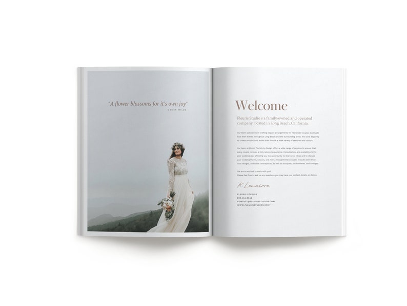 May include: An open book with a quote about flowers and a welcome message from Fleur Studio, a family-owned and operated floral design company located in Long Beach, California. The book features a photo of a bride in a white dress standing in a foggy landscape.