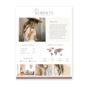 1 Page Media Kit & Rate Card Template | Instagram Influencer, Blogger Media Kit, Rate Sheet Template, Canva Template, Social Media Kit