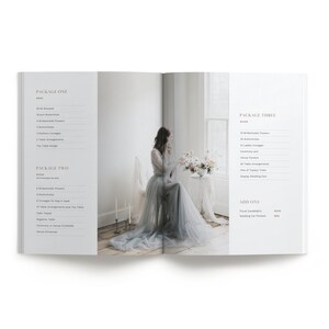 May include: A wedding floral design brochure with three different floral packages and add-ons. The brochure features a photo of a bride wearing a light blue gown with a floral crown.