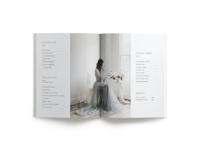 May include: A wedding floral design brochure with three different floral packages and add-ons. The brochure features a photo of a bride wearing a light blue gown with a floral crown.