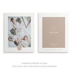 May include: A white brochure with a photo of three women in white dresses on the front cover. The text "Fleuris Studio" is printed on the front cover. The back cover is a light brown color with the text "Fleuris Studio" and social media icons.