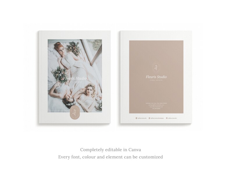May include: A white brochure with a photo of three women in white dresses on the front cover. The text "Fleuris Studio" is printed on the front cover. The back cover is a light brown color with the text "Fleuris Studio" and social media icons.