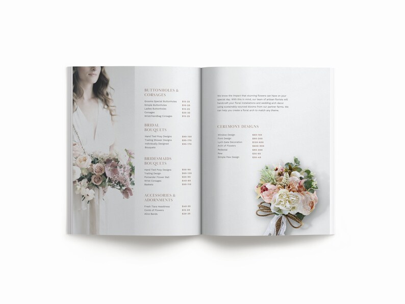 May include: Open book with a price list for wedding floral arrangements. The book is open to a page with a list of prices for boutonnieres, corsages, bridal bouquets, bridesmaids bouquets, and ceremony designs. The page also includes a photo of a pink and white floral bouquet.