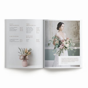 May include: A wedding floral design brochure with a photo of a bride holding a bouquet of blush pink and white flowers. The brochure lists prices for various floral arrangements, including venue arrangements, table arrangements, cake flowers, and hand-tied bouquets.