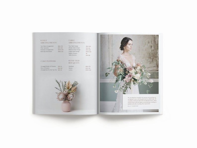 May include: A wedding floral design brochure with a photo of a bride holding a bouquet of blush pink and white flowers. The brochure lists prices for various floral arrangements, including venue arrangements, table arrangements, cake flowers, and hand-tied bouquets.
