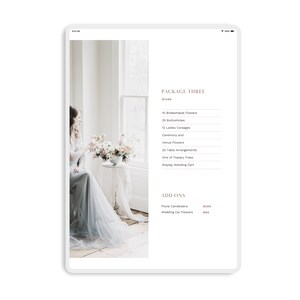 May include: A wedding package brochure with a photo of a bride in a light blue gown. The brochure lists the details of the "Package Three" wedding package, which includes 10 bridesmaids' flowers, 20 buttonholes, 10 ladies' corsages, ceremony and venue flowers, 20 table arrangements, hire of topiary trees, and a display wedding cart. The brochure also lists add-ons, including floral candelabras and wedding car flowers.