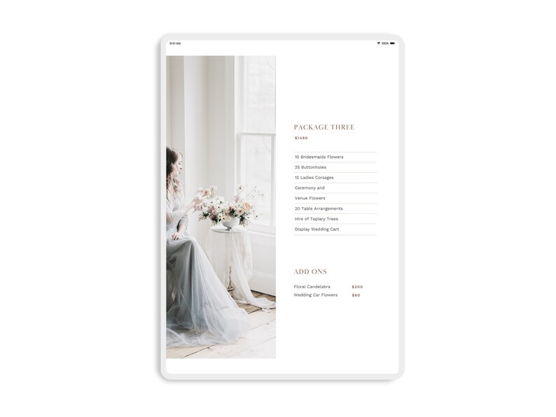 May include: A wedding package brochure with a photo of a bride in a light blue gown. The brochure lists the details of the "Package Three" wedding package, which includes 10 bridesmaids' flowers, 20 buttonholes, 10 ladies' corsages, ceremony and venue flowers, 20 table arrangements, hire of topiary trees, and a display wedding cart. The brochure also lists add-ons, including floral candelabras and wedding car flowers.