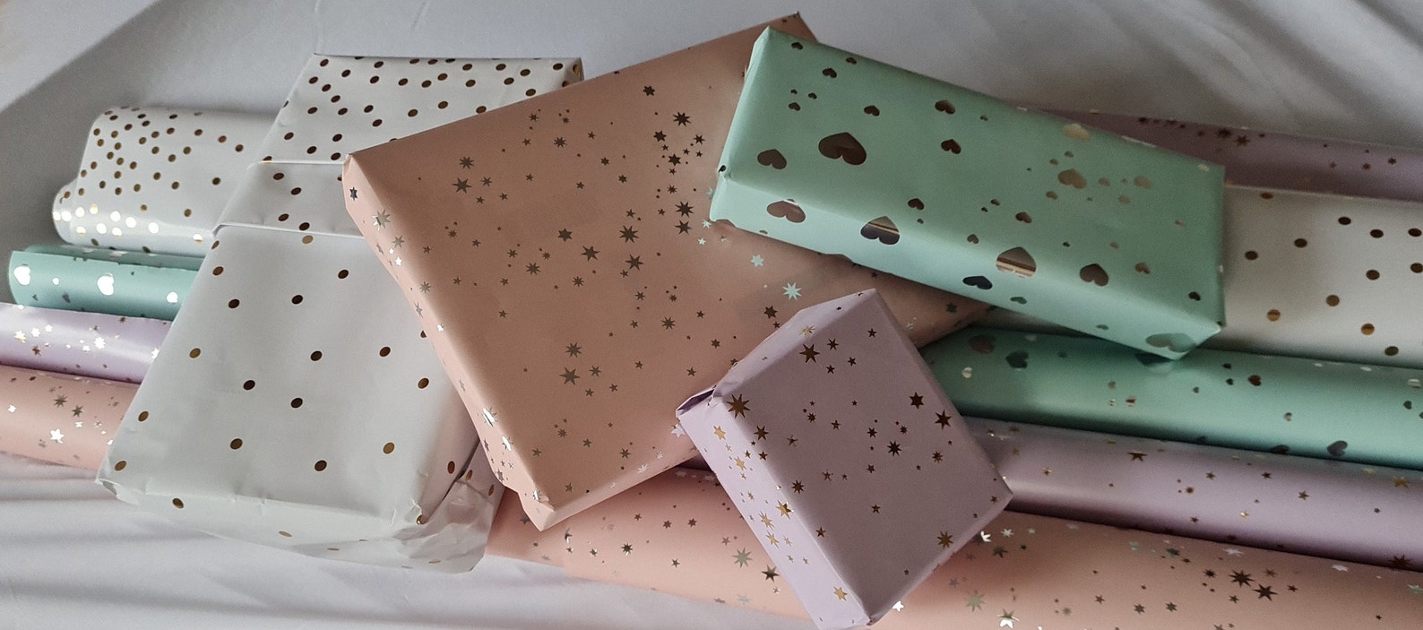 Pastel Coloured Wrapping Paper Rolls, With Gold Silver Star, Hearts