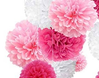 12 Tissue Paper Pom Poms three sizes 8&quot;-10&quot;-12&quot; Pink, Rose Pink & White, hanging pompom flowers, Party Decorations wedding, birthday
