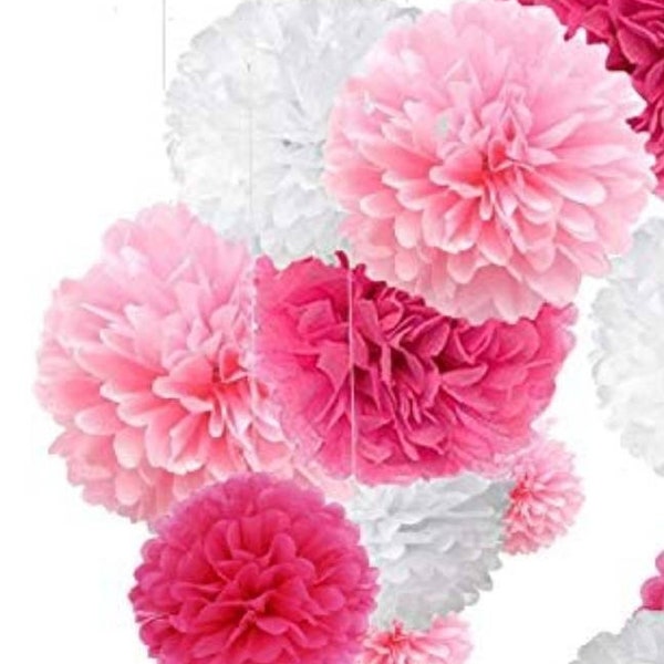 12 Tissue Paper Pom Poms three sizes 8"-10"-12" Pink, Rose Pink & White, hanging pompom flowers, Party Decorations wedding, birthday