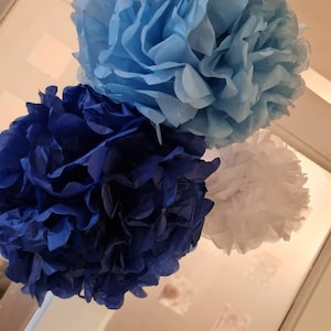 12 Pom Pom pom di carta velina tre dimensioni 8"-10"-12" Blu, Bianco & Royal Blue, Pompon di fiori appesi, Decorazioni per feste, matrimoni, compleanni