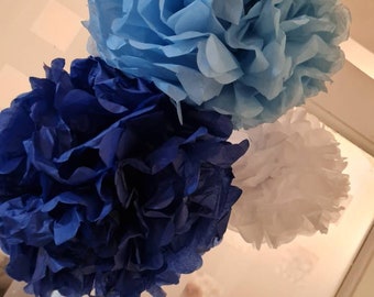 12 Tissue Paper Pom Poms three sizes 8&quot;-10&quot;-12&quot; Blue, White & Royal Blue, Hanging flower pompoms, Party Decorations, weddings, birthday