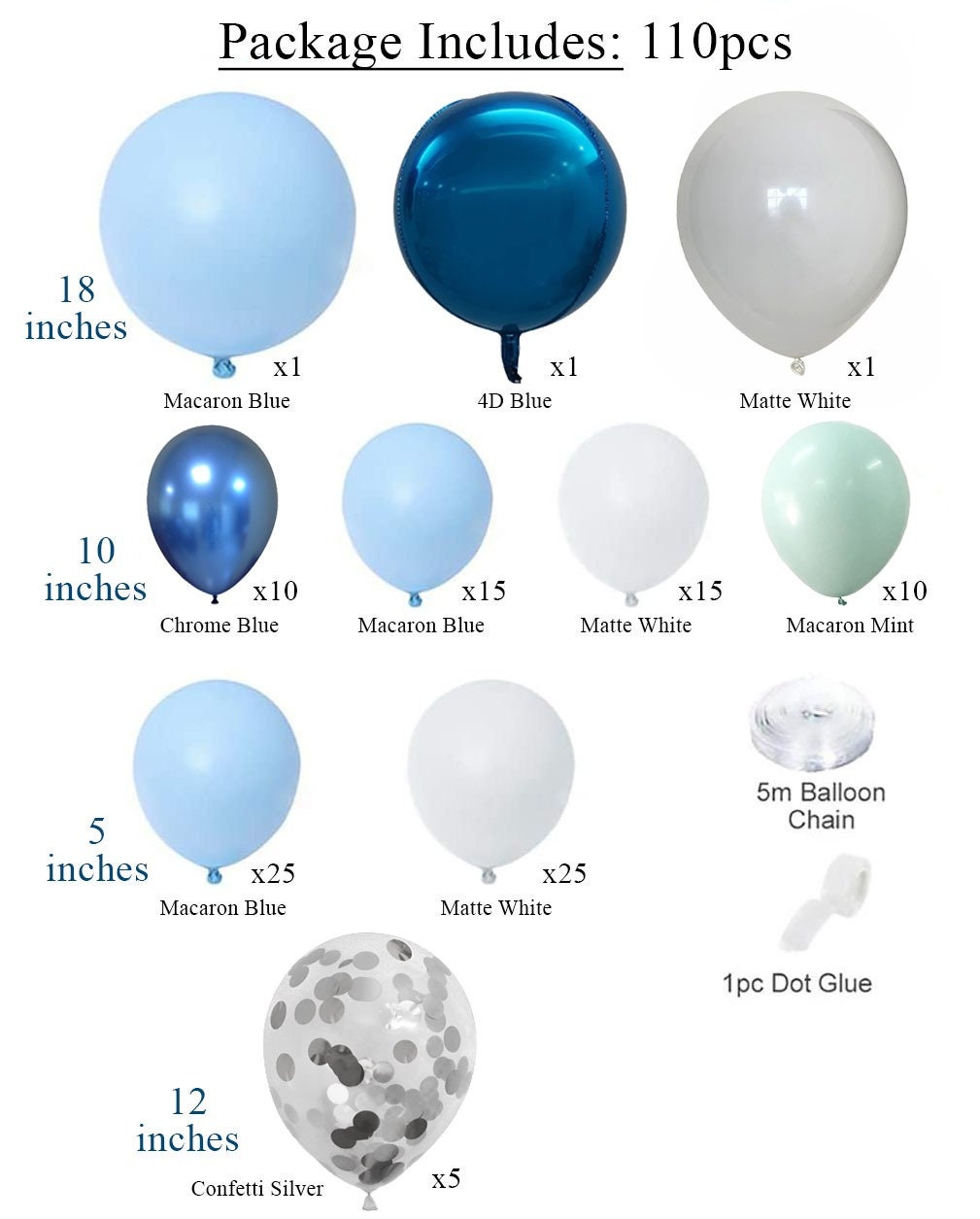 110 pièces bleu, blanc, argent Kit de décoration d'arche de ballon