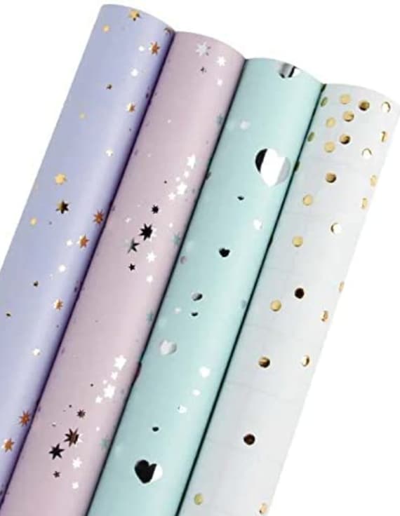 Pastel Coloured Wrapping Paper Rolls, With Gold Silver Star, Hearts & Polka  Dot 