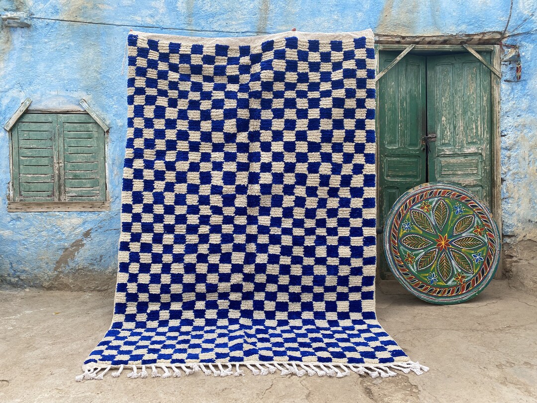 Blue Checked Rug MOROCCAN BLUE Rug-berber White and Blue Checker Rug-5x7 Beni Ourain ...