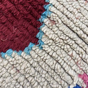 a close-up view of a textured fabric with a red and blue color scheme. The fabric appears to be a woven or knitted material, with a mix of white, red, and blue colors. The image does not contain any discernible text or countable objects, and the focus is on the intricate patterns and textures of the fabric.
