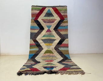 May include: A colorful, rectangular rug with a geometric design. The rug features a central zigzag pattern in cream, outlined in black, with diamond shapes filled with stripes of red, blue, green, and yellow. The rug has a fringed edge.